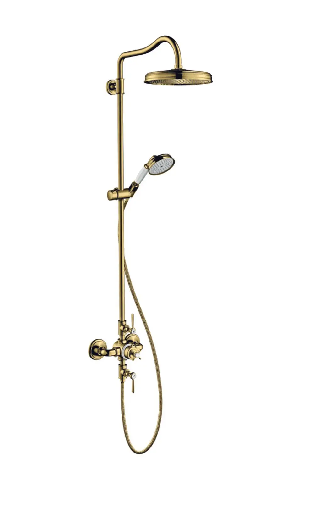 AXOR Duschsystem mit Thermostat, Kopfbrause und Handbrause in polierter Goldoptik. Vertikal montiert an der Wand, mit sichtbarer Wasserleitung.